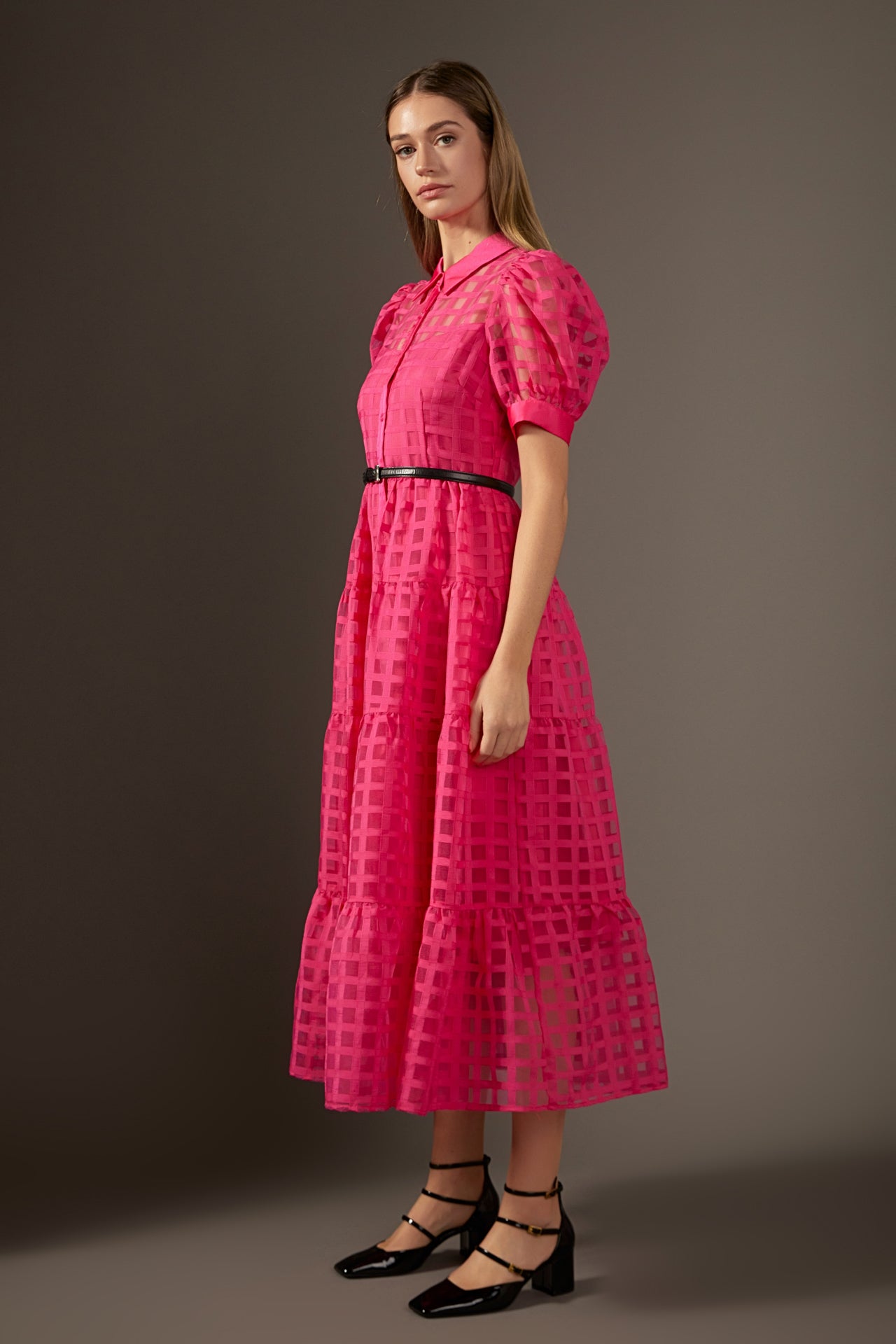 English Factory - Gridded Organza Tiered Puff Sleeve Maxi Dress