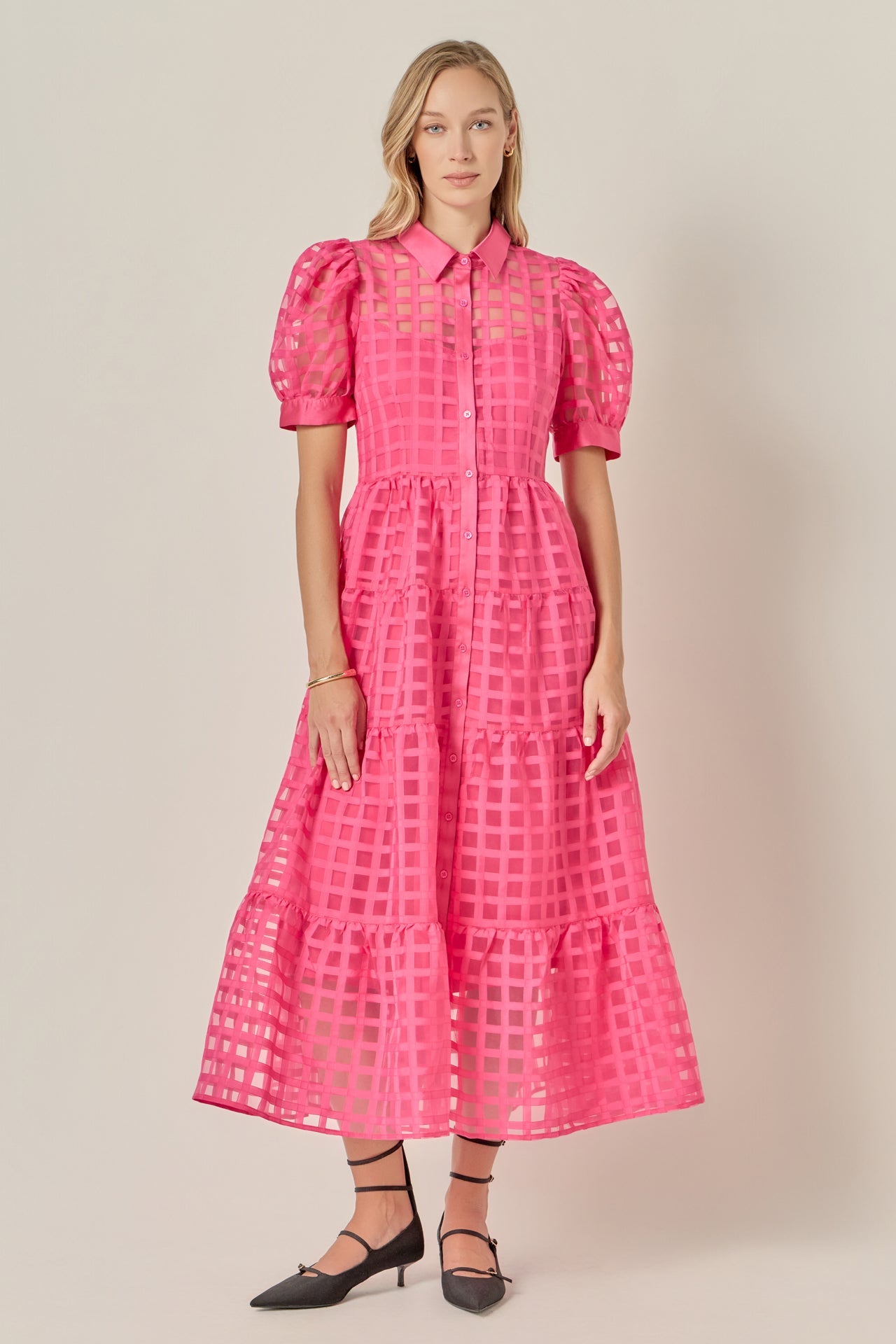 Gridded Organza Tiered Maxi Dress