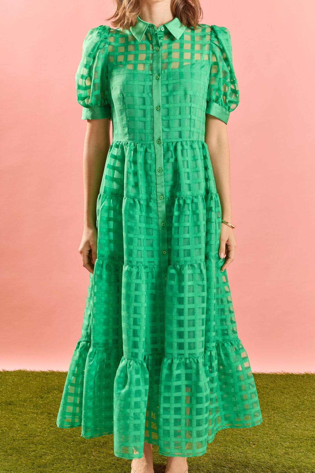 Gridded Organza Tiered Maxi Dress