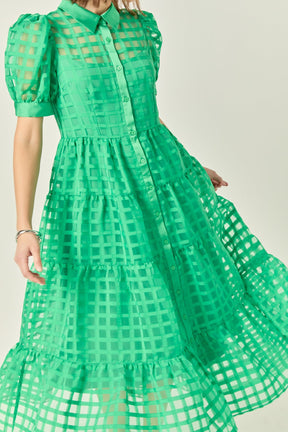 ENGLISH FACTORY - English Factory - Gridded Organza Tiered Puff Sleeve Maxi Dress - DRESSES available at Objectrare