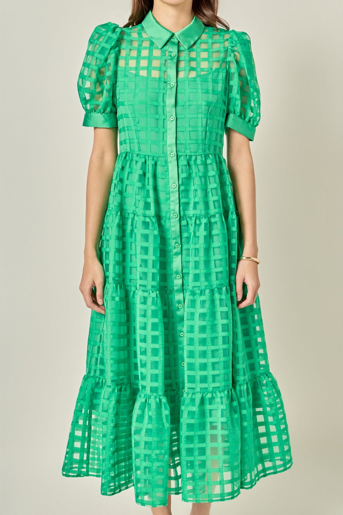 Gridded Organza Tiered Maxi Dress