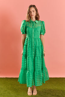 ENGLISH FACTORY - Gridded Organza Tiered Maxi Dress - DRESSES available at Objectrare