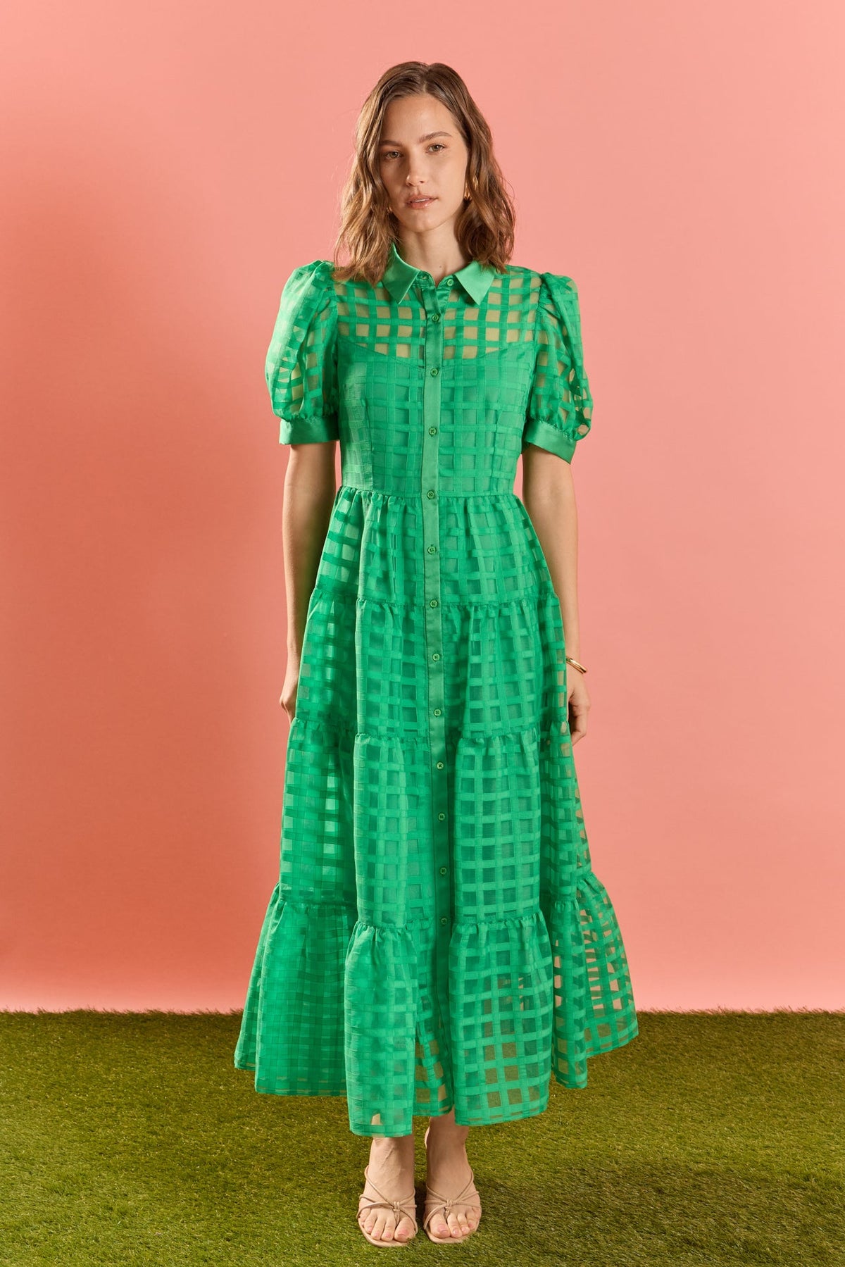 Gridded Organza Tiered Maxi Dress