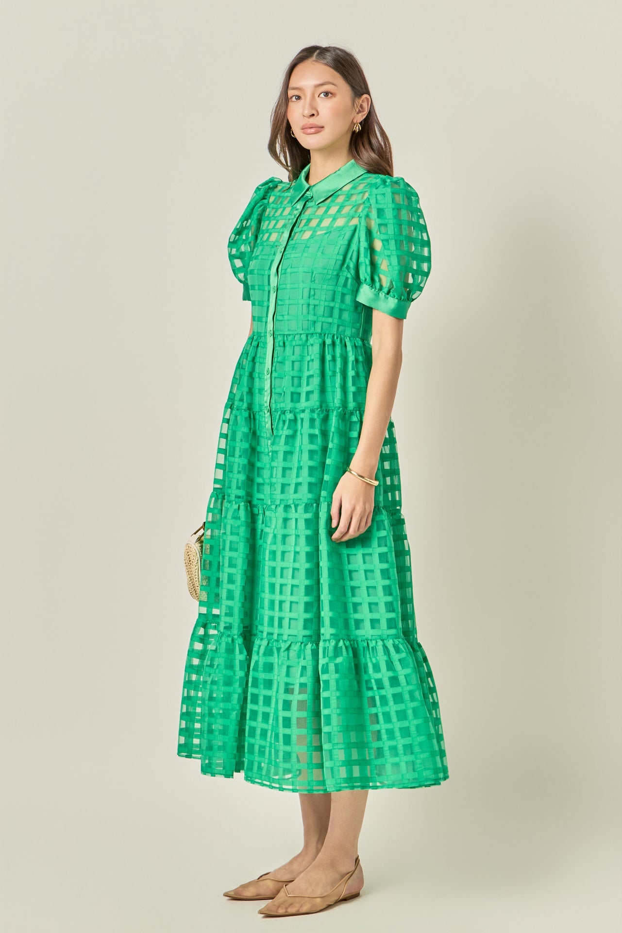 ENGLISH FACTORY - Gridded Organza Tiered Maxi Dress - DRESSES available at Objectrare