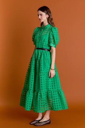 Gridded Organza Tiered Maxi Dress