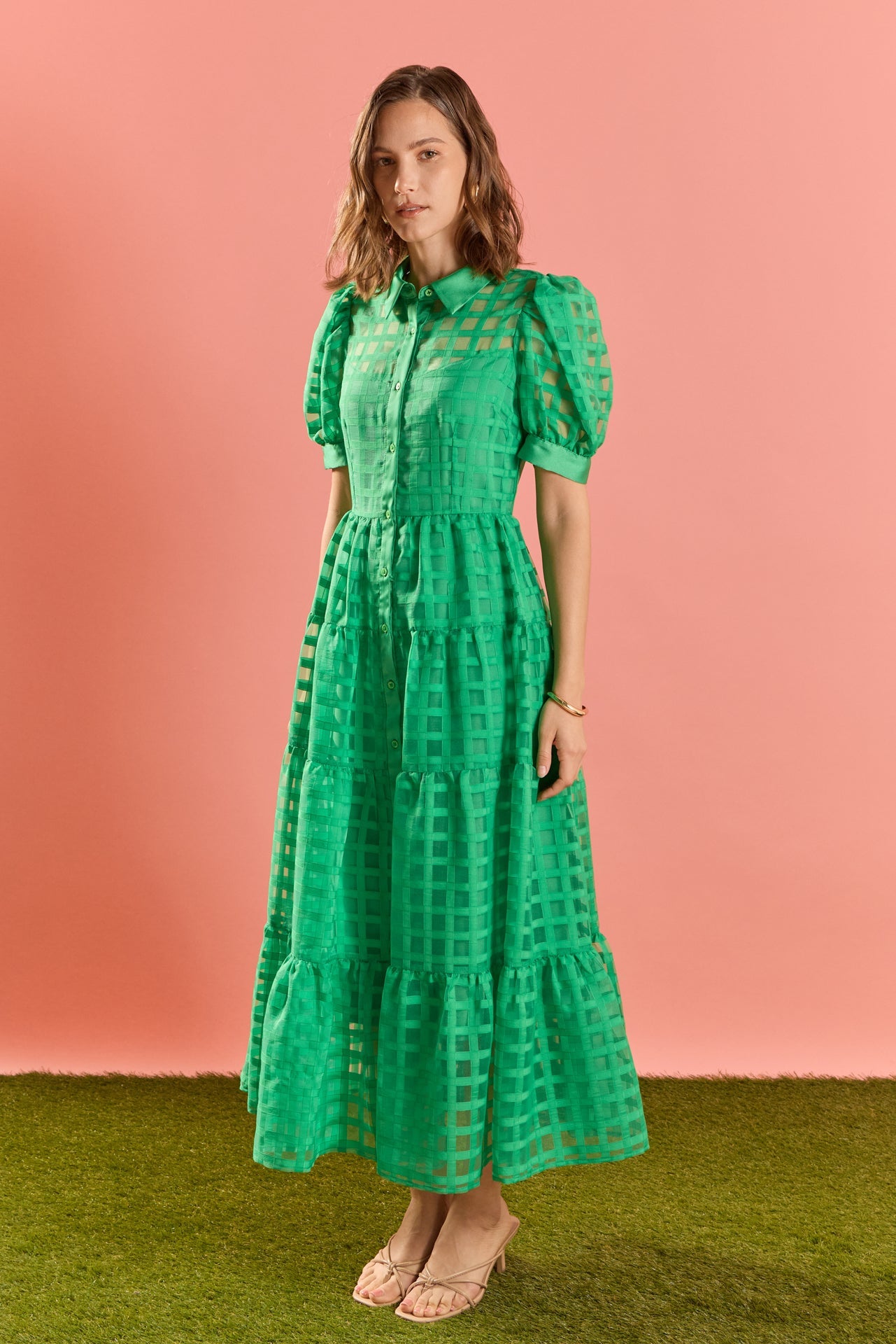 ENGLISH FACTORY - Gridded Organza Tiered Maxi Dress - DRESSES available at Objectrare