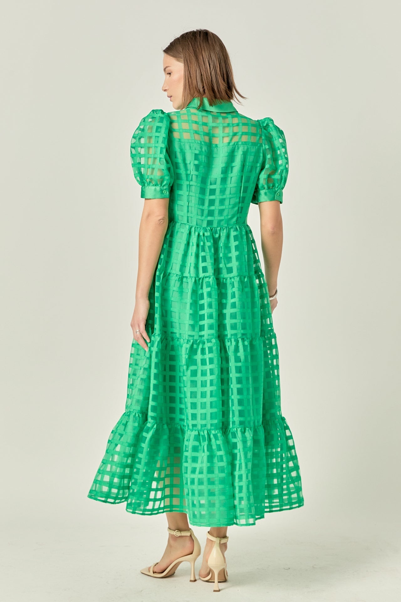 ENGLISH FACTORY - English Factory - Gridded Organza Tiered Puff Sleeve Maxi Dress - DRESSES available at Objectrare