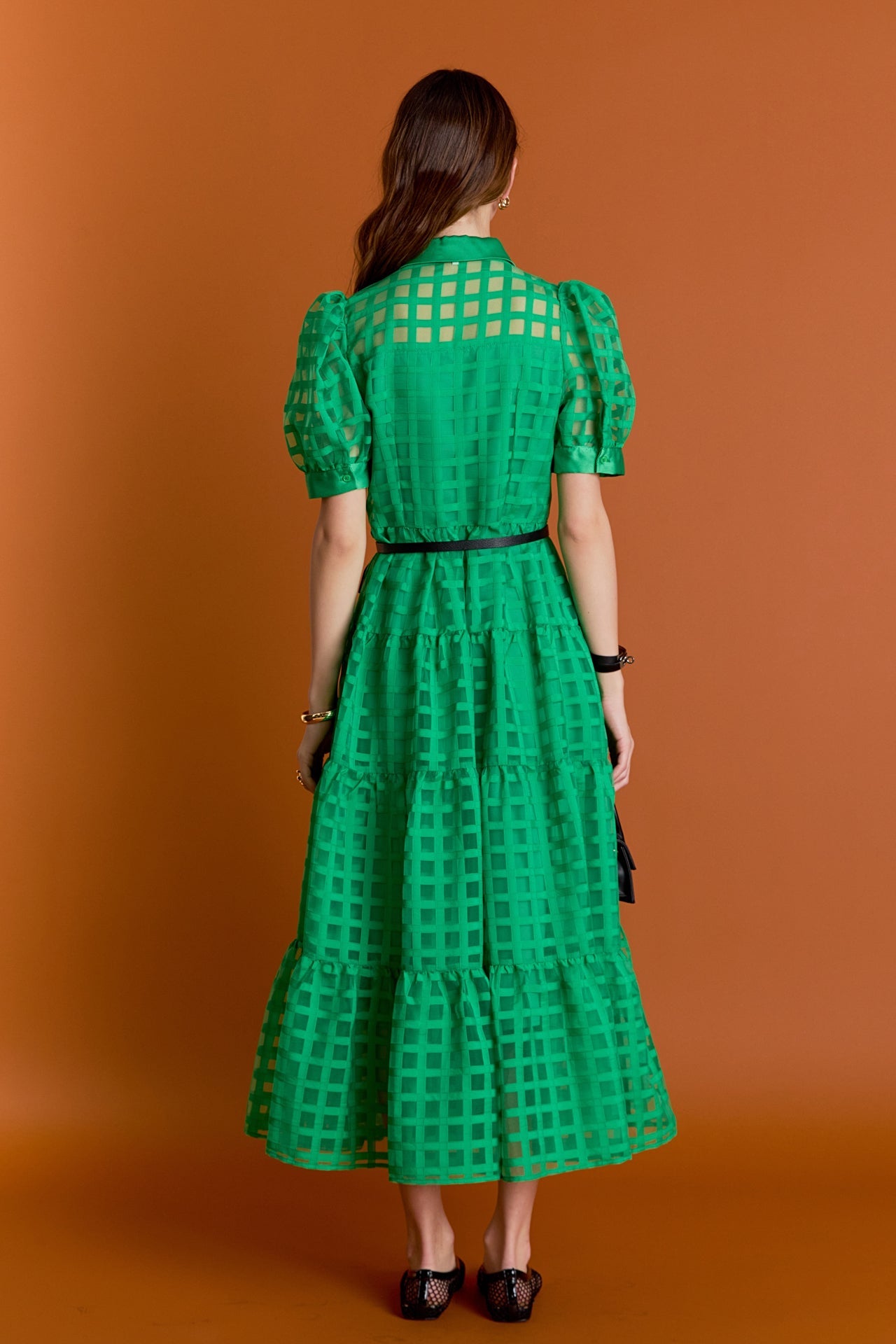Gridded Organza Tiered Maxi Dress