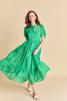 Gridded Organza Tiered Maxi Dress