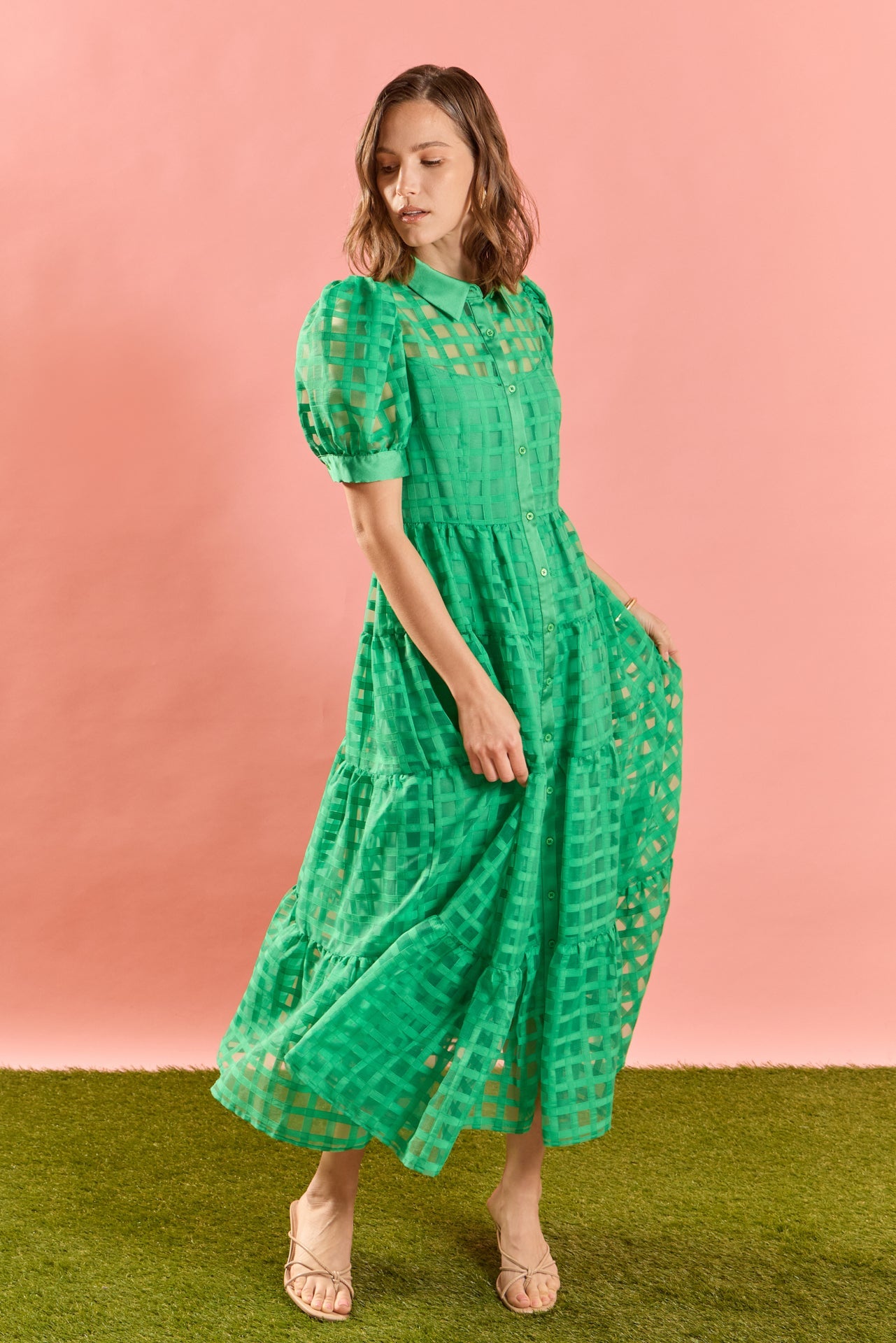 ENGLISH FACTORY - Gridded Organza Tiered Maxi Dress - DRESSES available at Objectrare