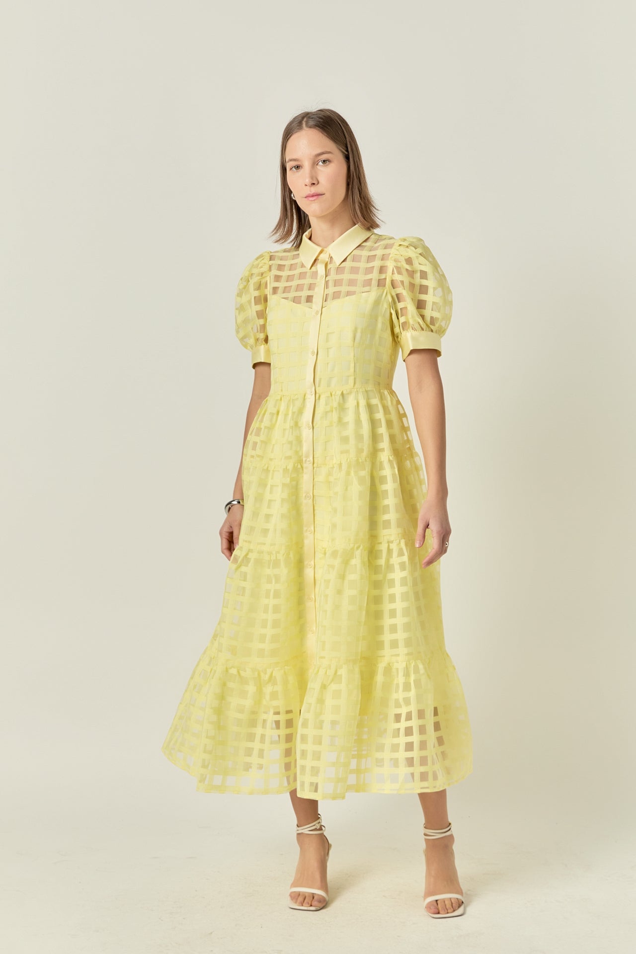 Gridded Organza Tiered Maxi Dress