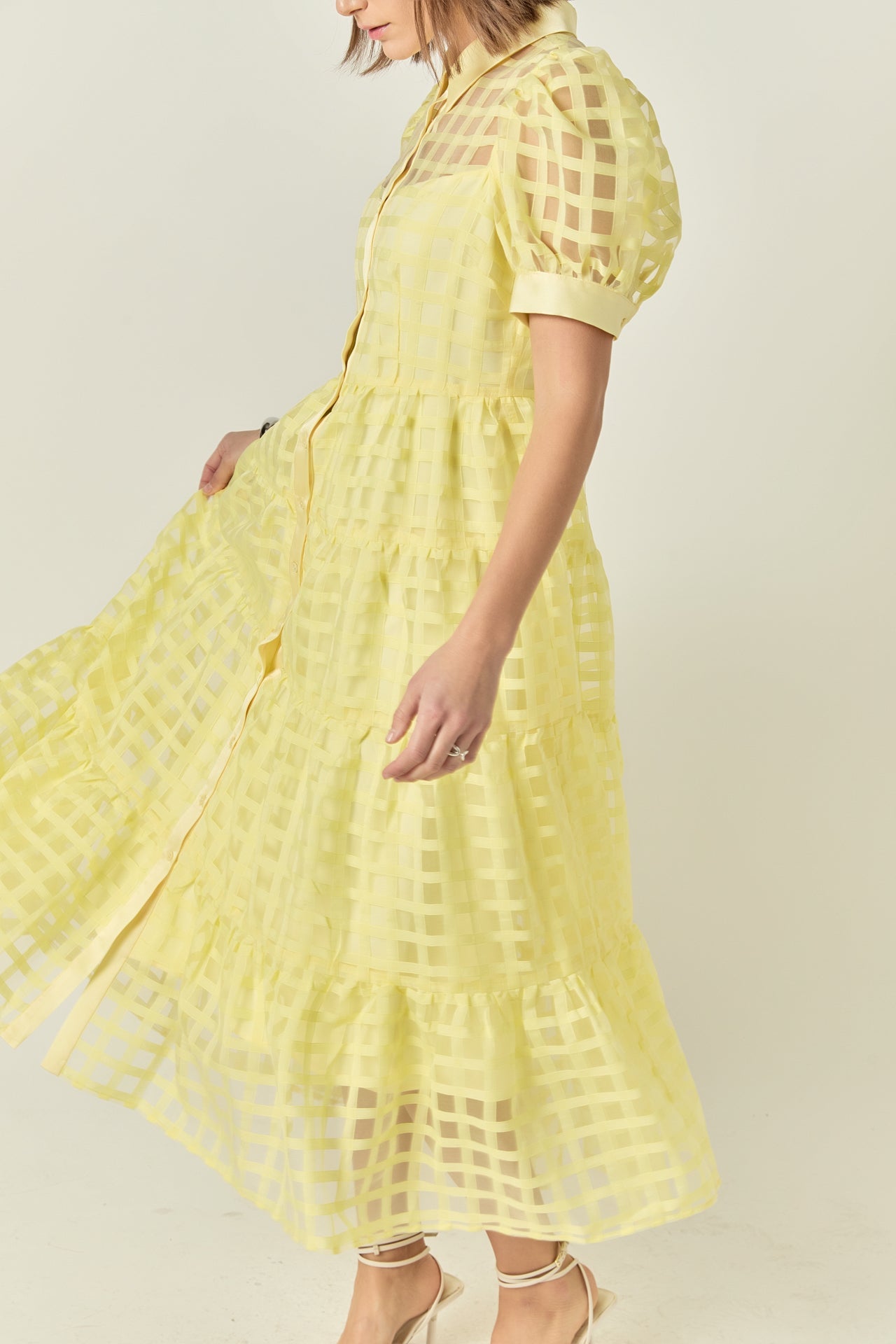 Gridded Organza Tiered Maxi Dress