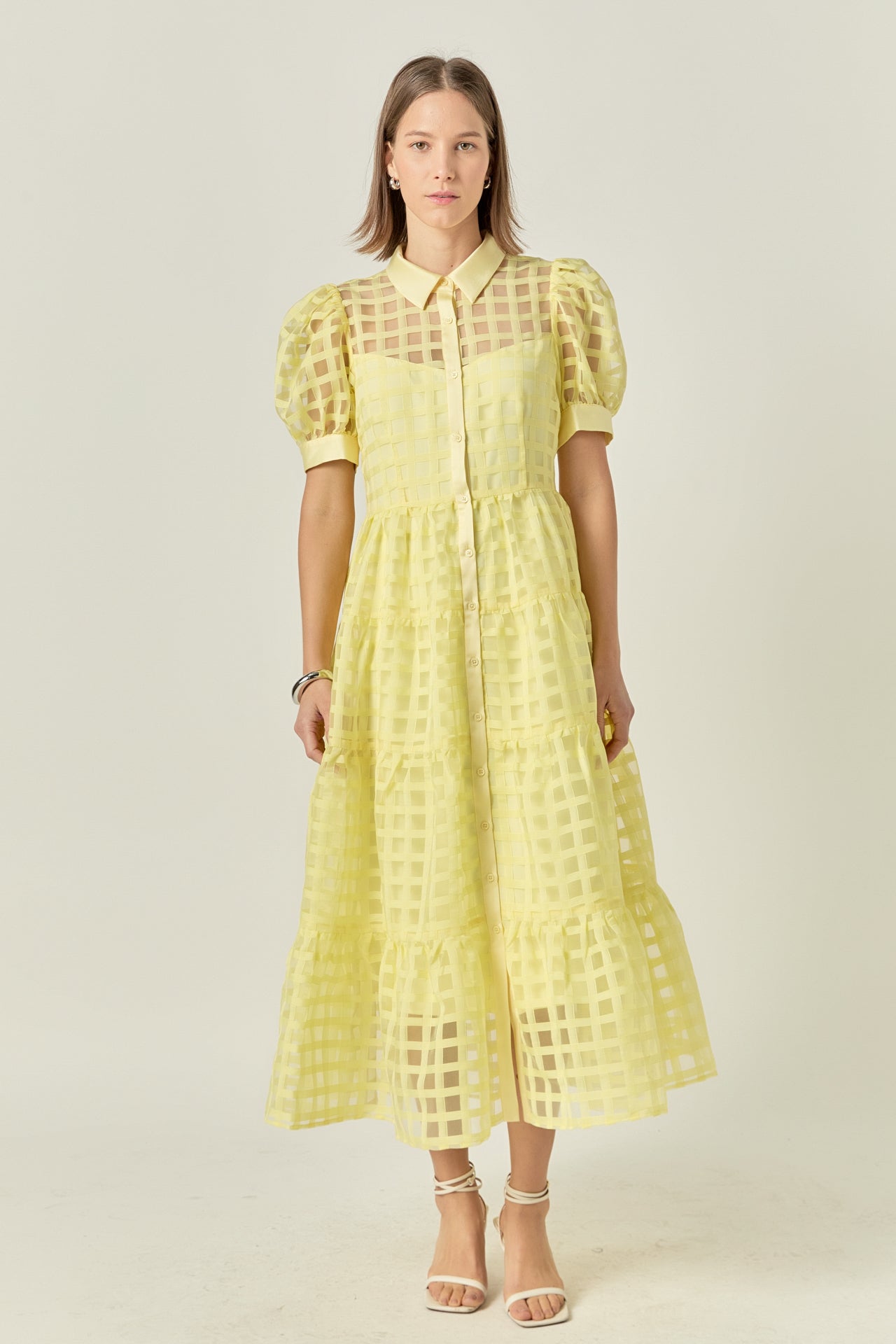 Gridded Organza Tiered Maxi Dress