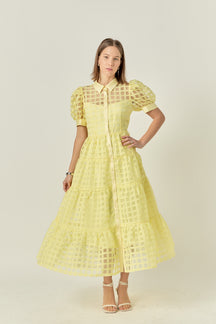 English Factory - Gridded Organza Tiered Puff Sleeve Maxi Dress