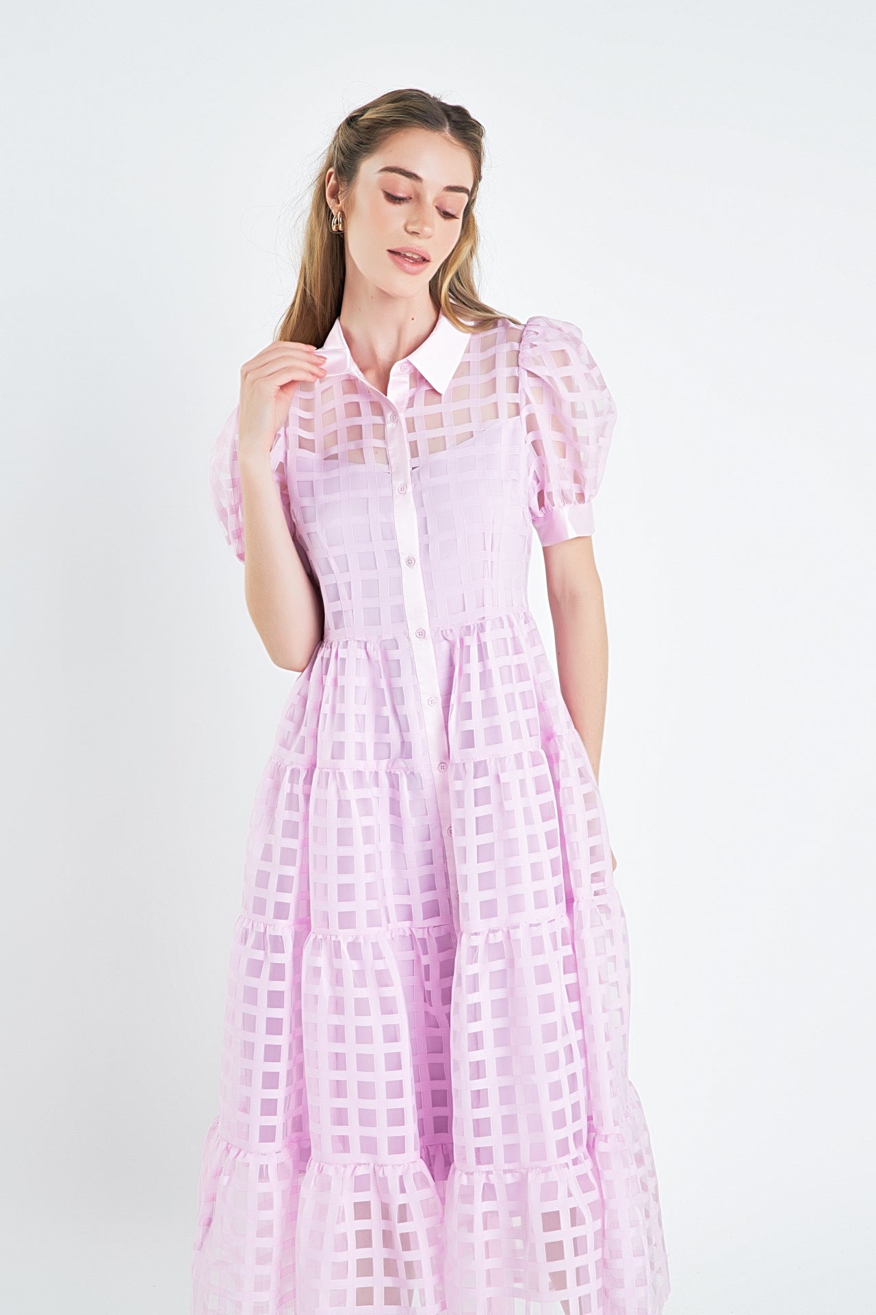 Gridded Organza Tiered Collared Maxi Dress