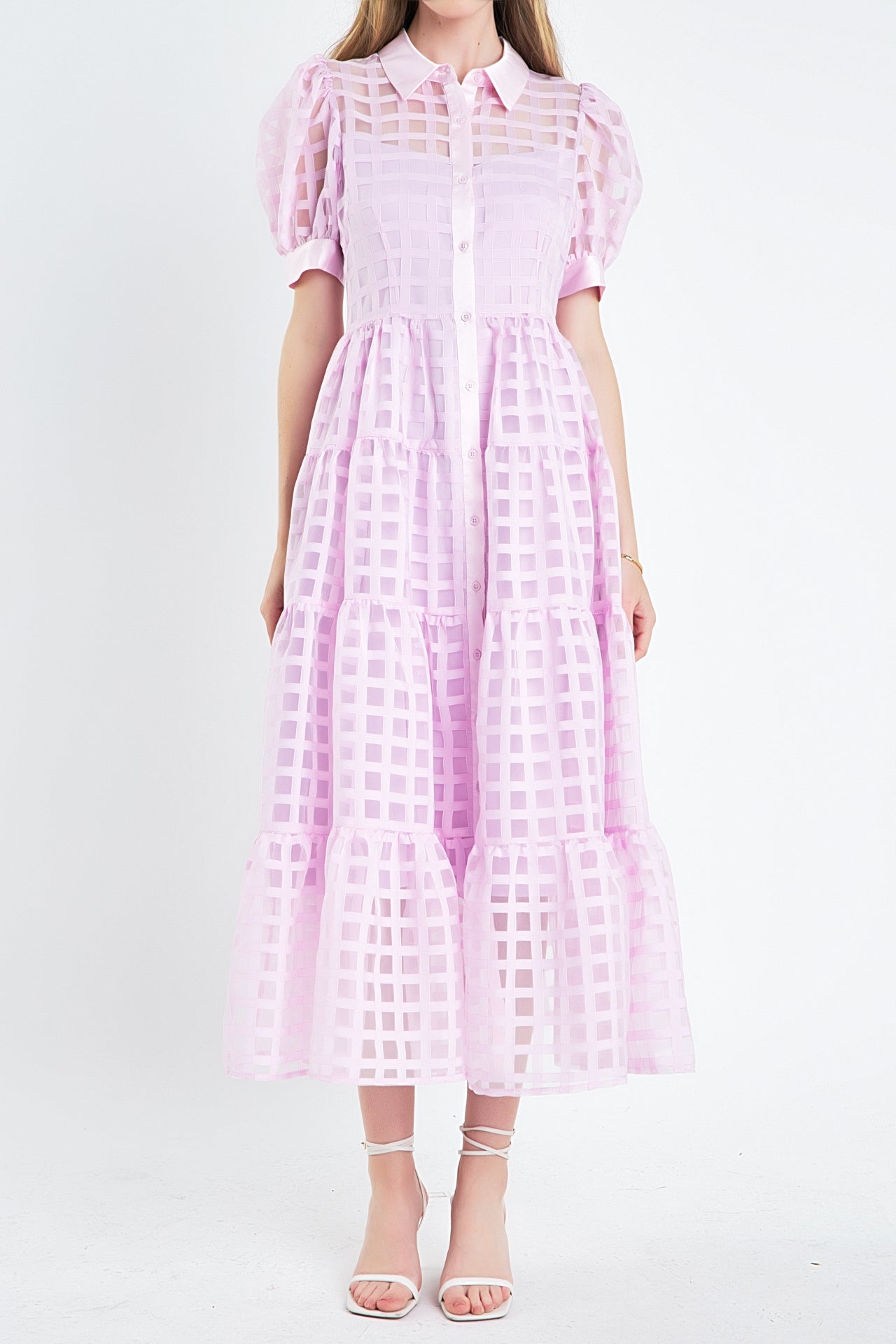 English Factory - Gridded Organza Tiered Puff Sleeve Maxi Dress