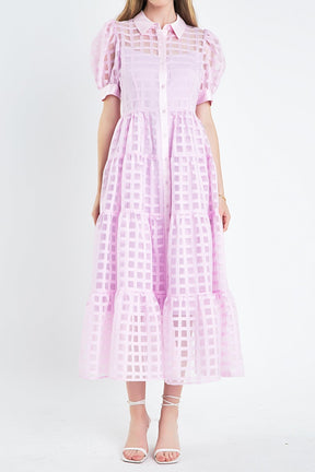 English Factory - Gridded Organza Tiered Puff Sleeve Maxi Dress