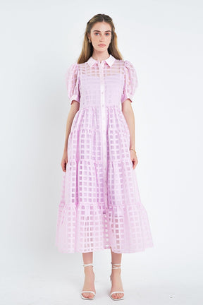 Gridded Organza Tiered Collared Maxi Dress