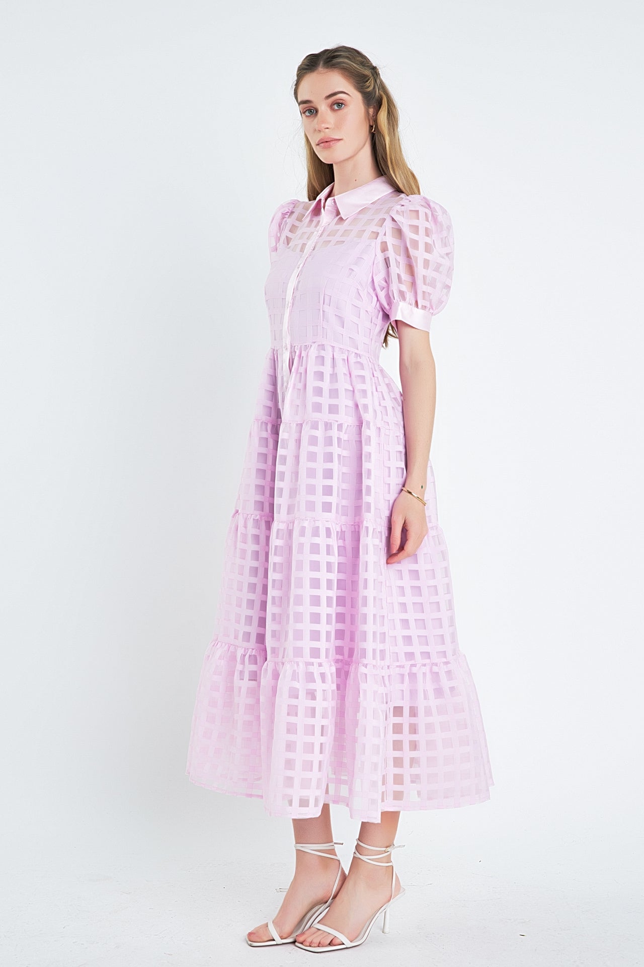 Gridded Organza Tiered Collared Maxi Dress