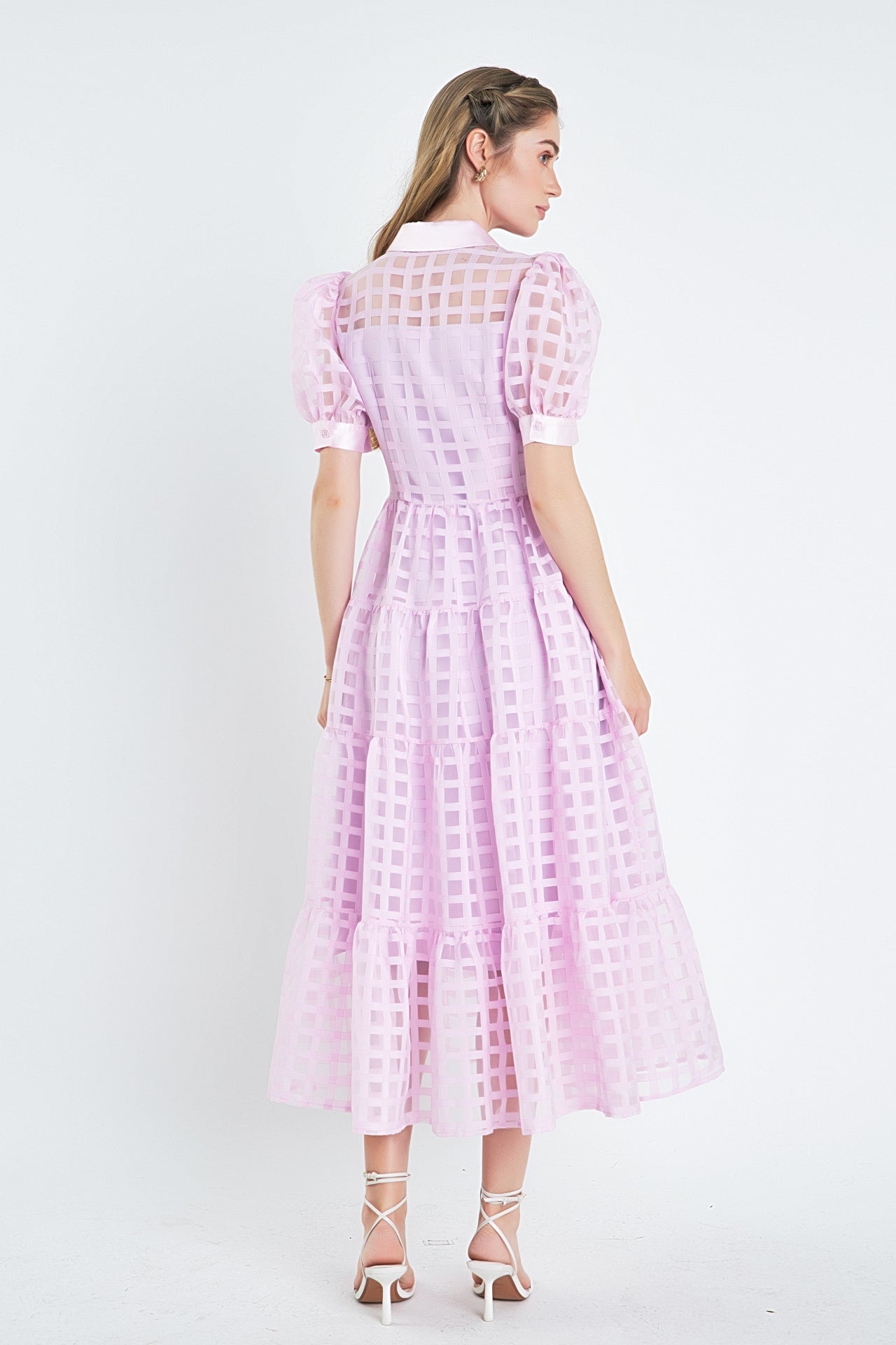 English Factory - Gridded Organza Tiered Puff Sleeve Maxi Dress