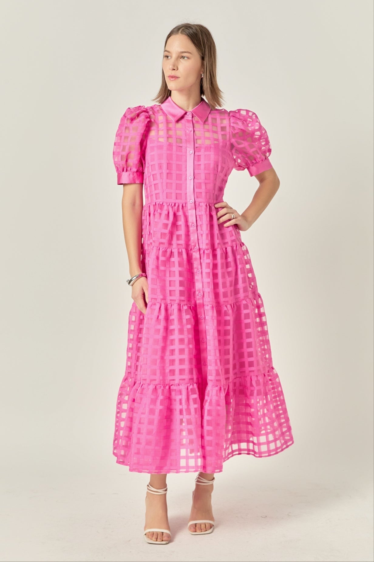 ENGLISH FACTORY - English Factory - Gridded Organza Tiered Puff Sleeve Maxi Dress - DRESSES available at Objectrare