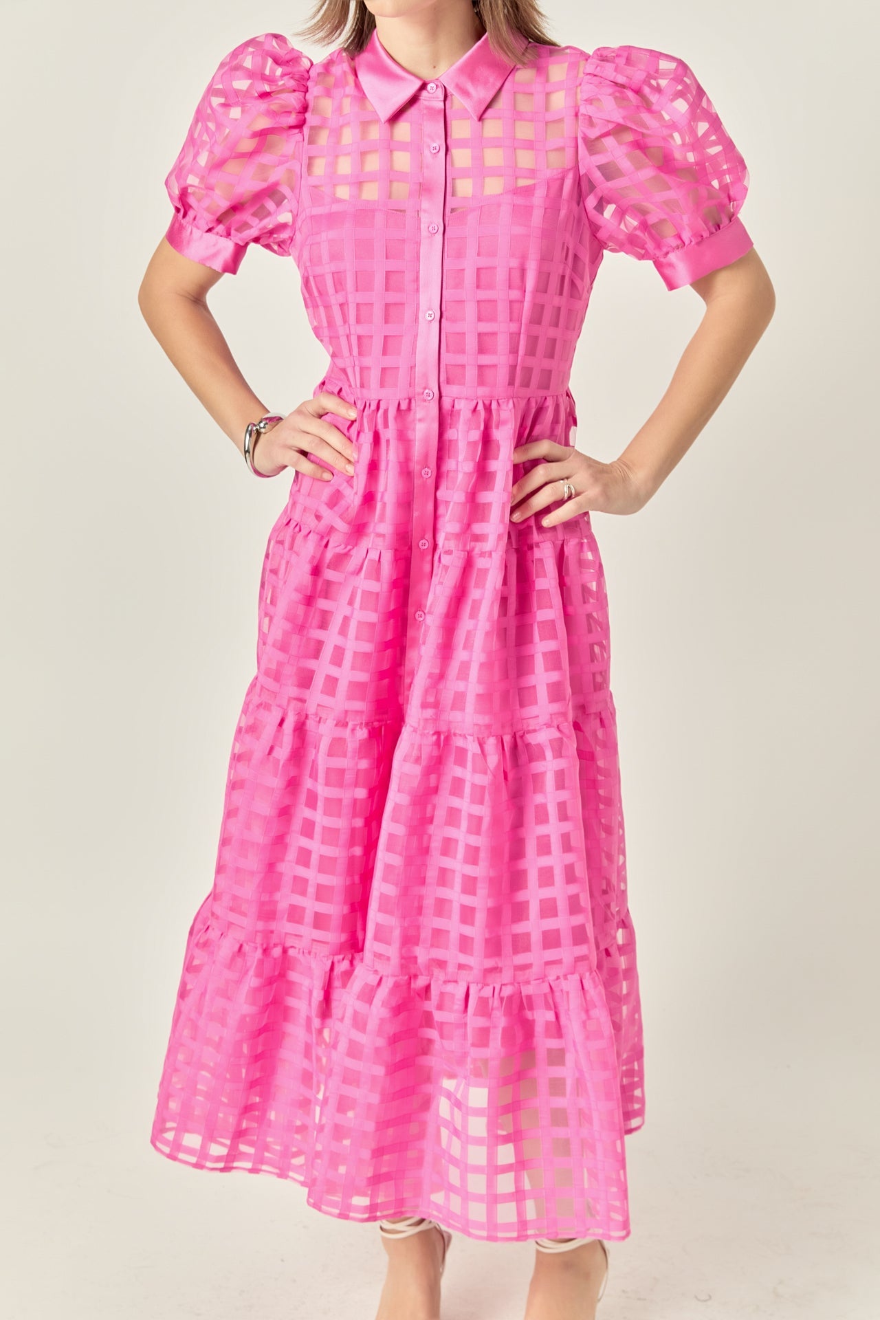 Gridded Organza Tiered Maxi Dress