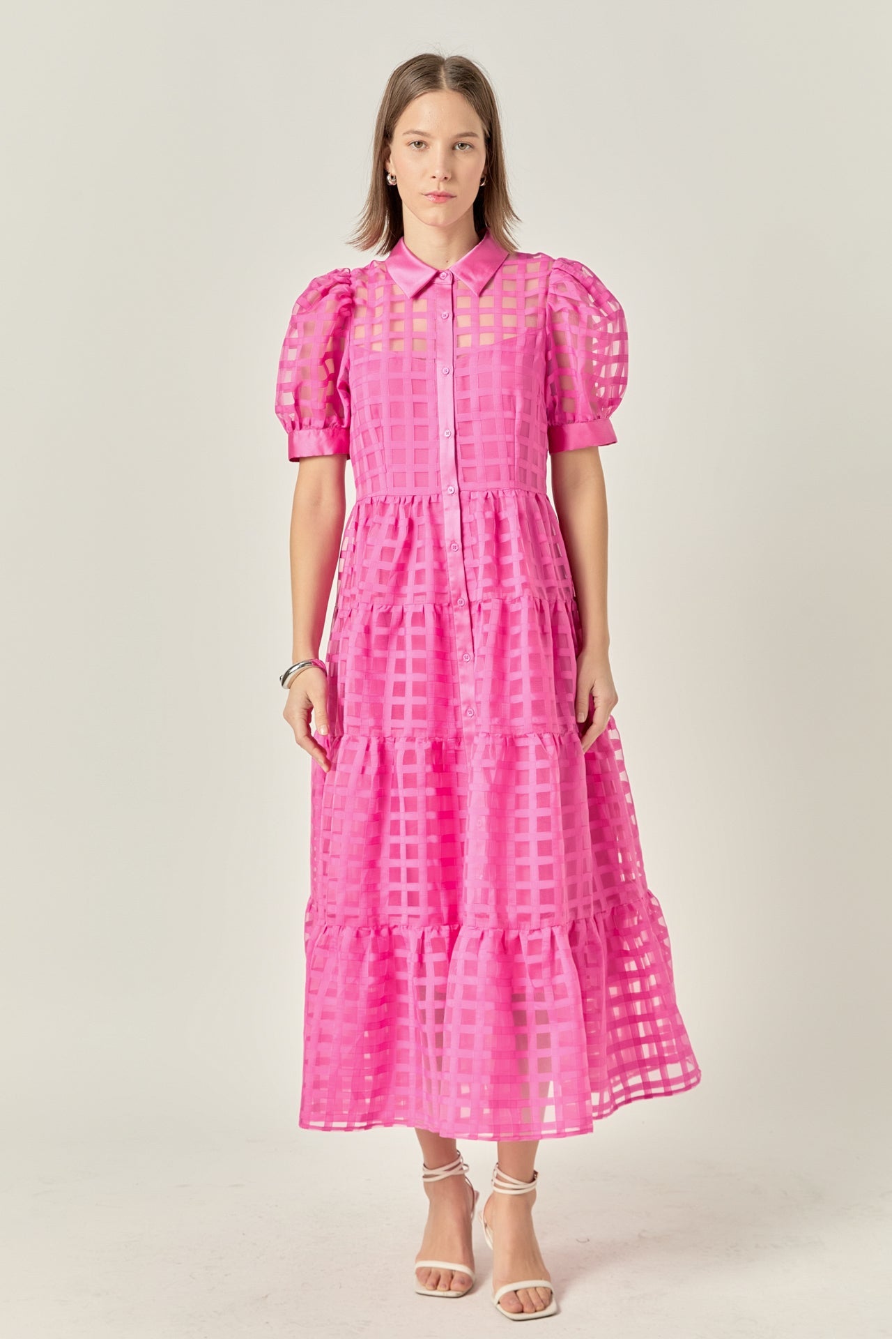 ENGLISH FACTORY - English Factory - Gridded Organza Tiered Puff Sleeve Maxi Dress - DRESSES available at Objectrare