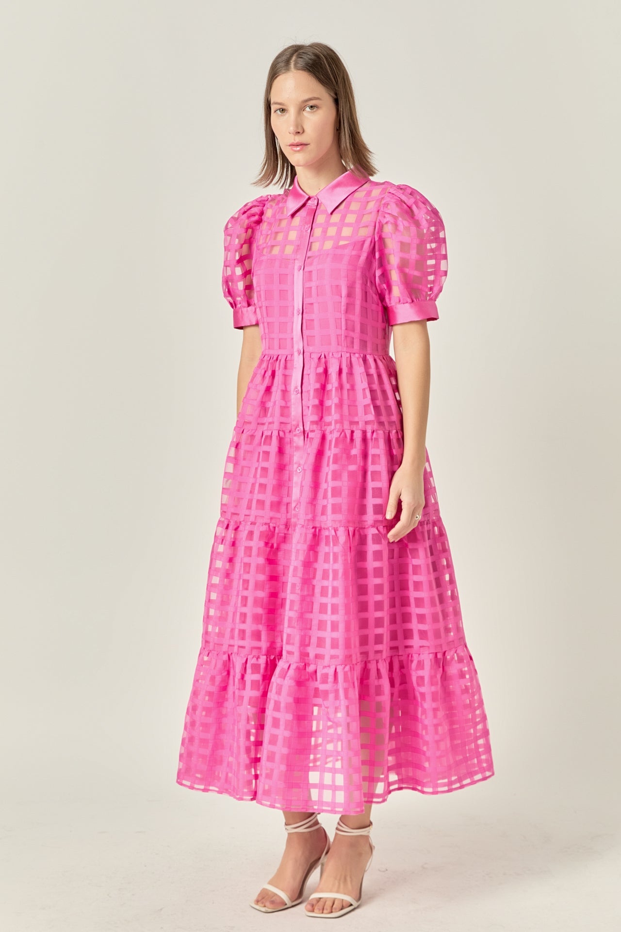 Gridded Organza Tiered Maxi Dress