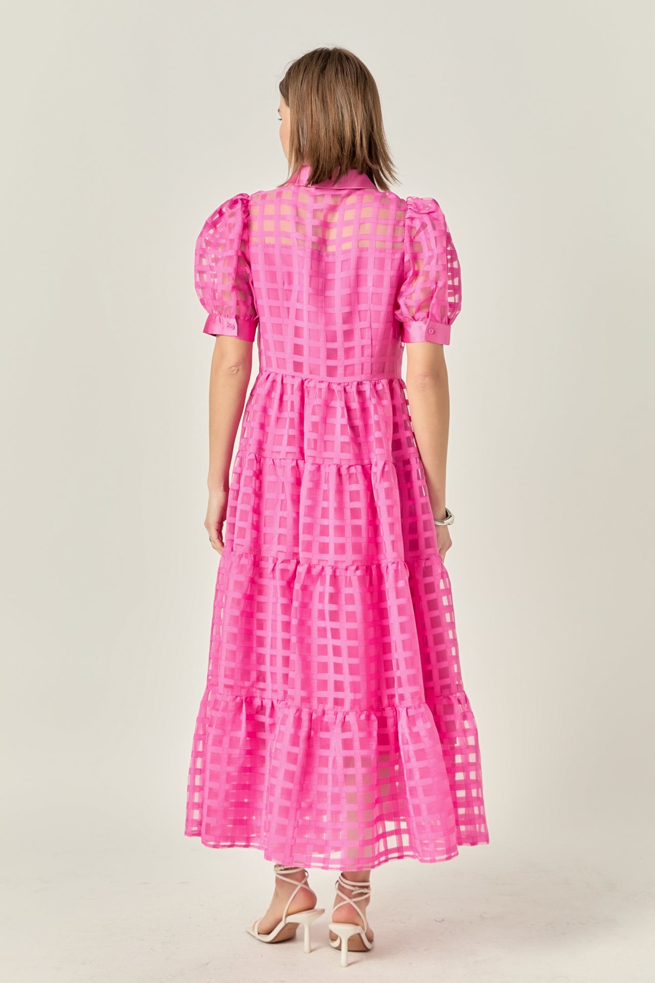 ENGLISH FACTORY - English Factory - Gridded Organza Tiered Puff Sleeve Maxi Dress - DRESSES available at Objectrare