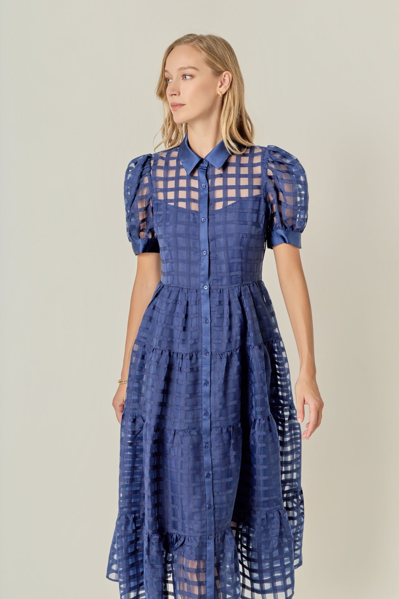 ENGLISH FACTORY - Gridded Organza Tiered Maxi Dress - DRESSES available at Objectrare