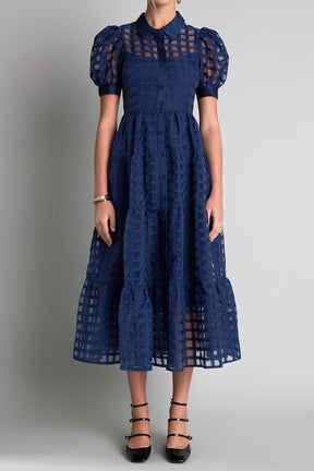 English Factory - Gridded Organza Tiered Puff Sleeve Maxi Dress