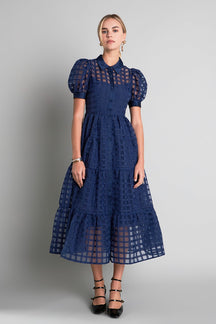 English Factory - Gridded Organza Tiered Puff Sleeve Maxi Dress