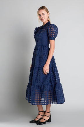 English Factory - Gridded Organza Tiered Puff Sleeve Maxi Dress