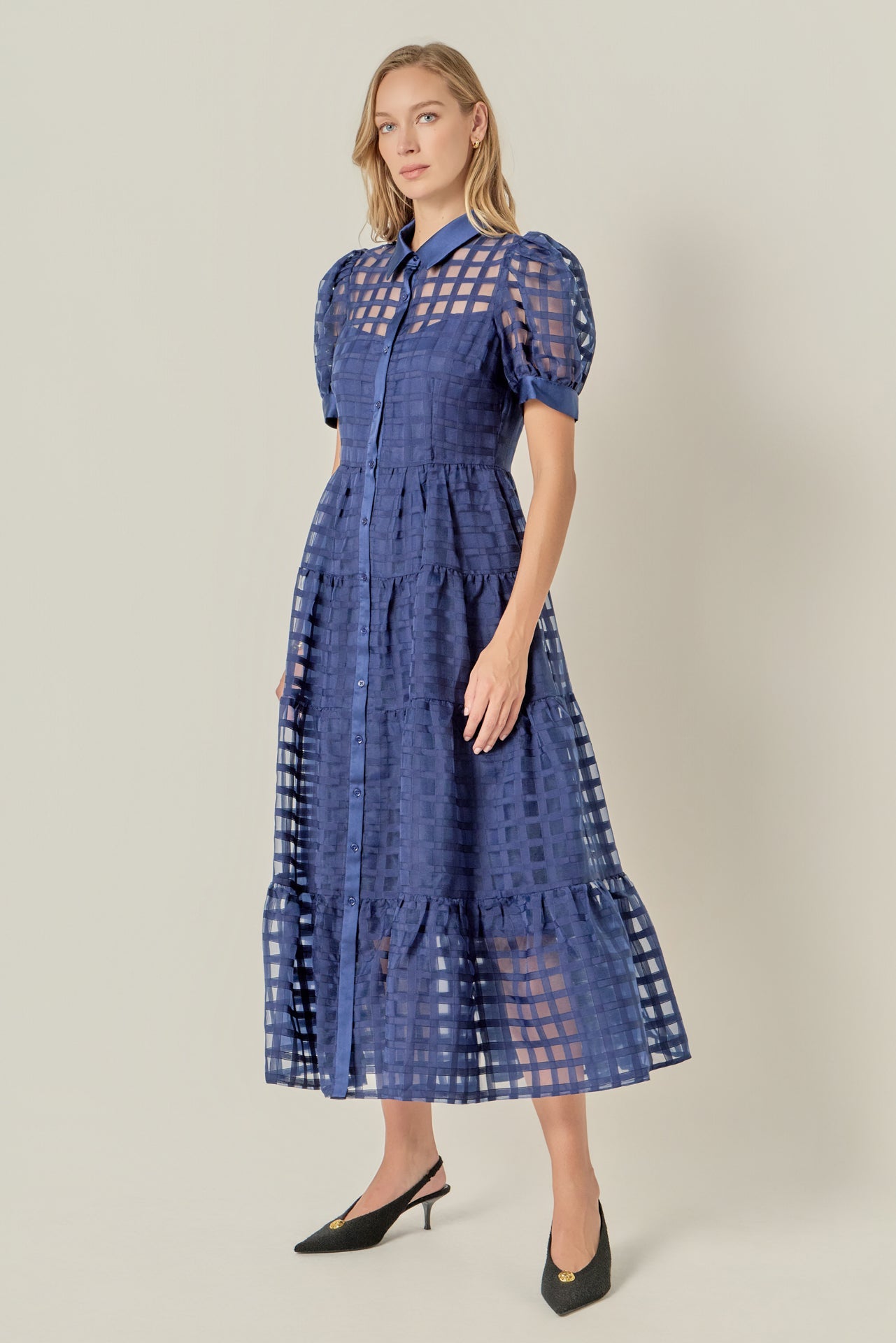 ENGLISH FACTORY - Gridded Organza Tiered Maxi Dress - DRESSES available at Objectrare