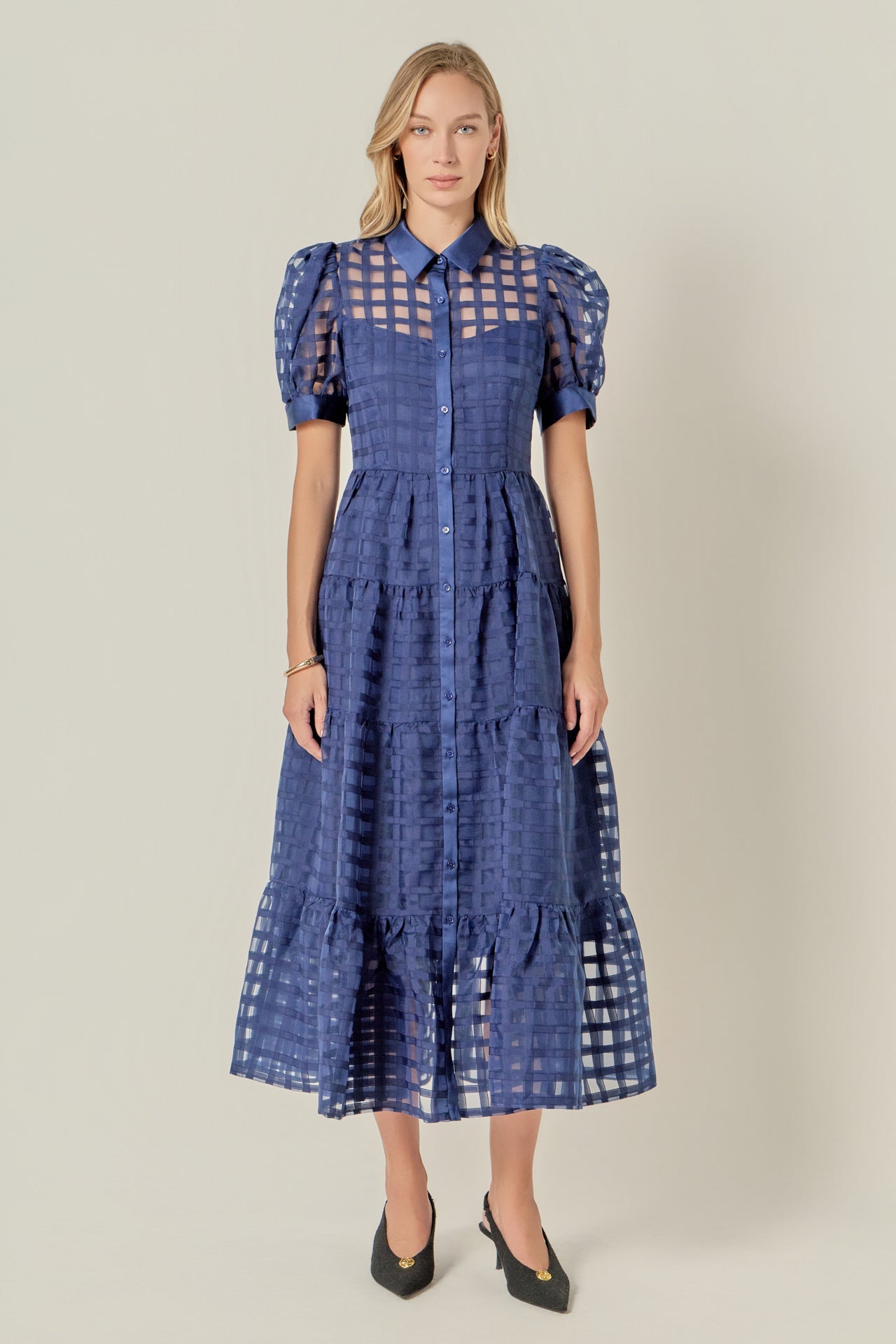 Gridded Organza Tiered Maxi Dress