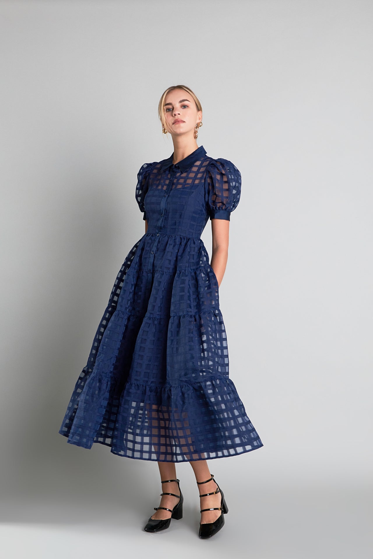 English Factory - Gridded Organza Tiered Puff Sleeve Maxi Dress