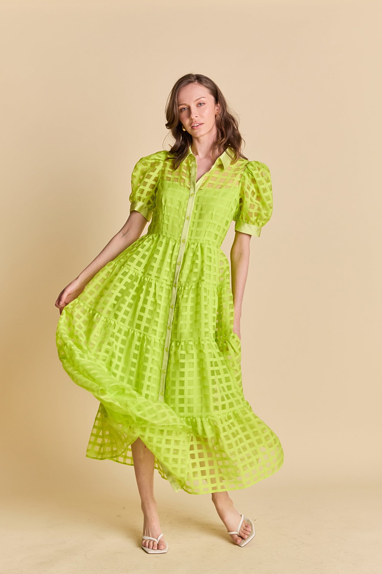 Gridded Organza Tiered Maxi Dress