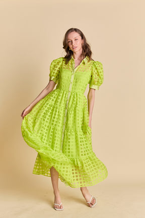 Gridded Organza Tiered Maxi Dress
