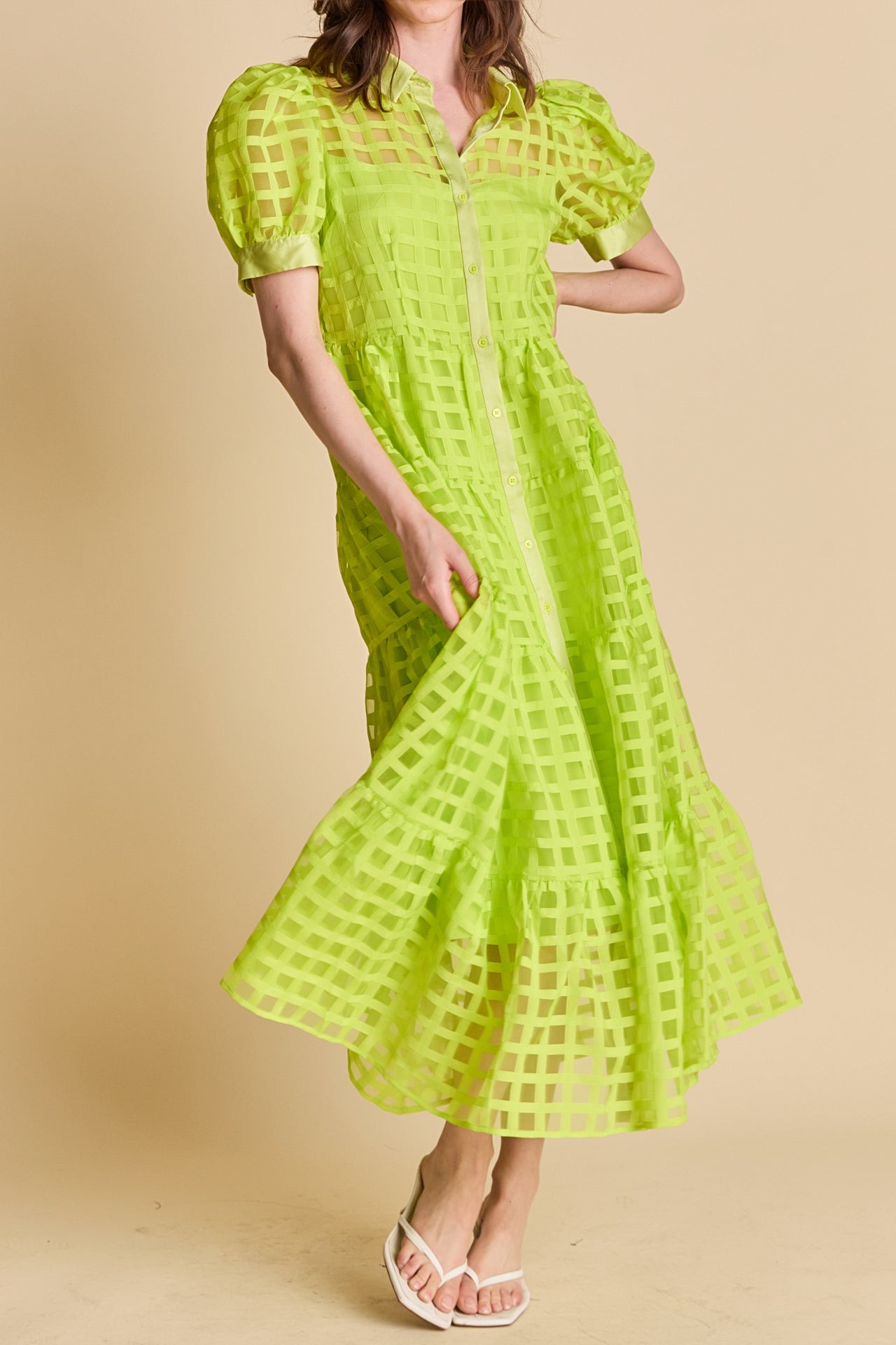 Gridded Organza Tiered Maxi Dress