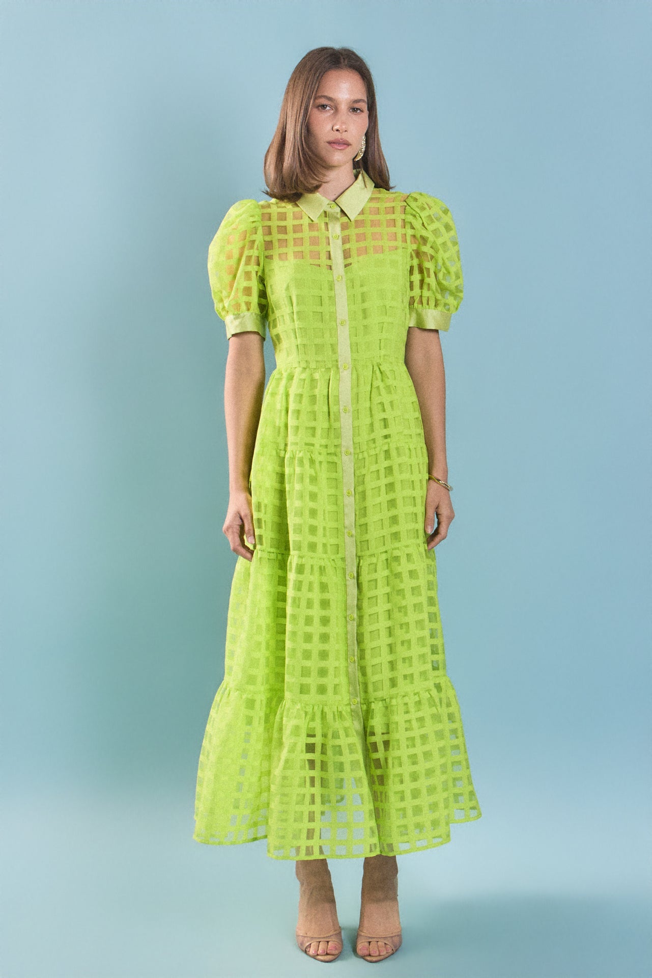 ENGLISH FACTORY - Gridded Organza Tiered Maxi Dress - DRESSES available at Objectrare