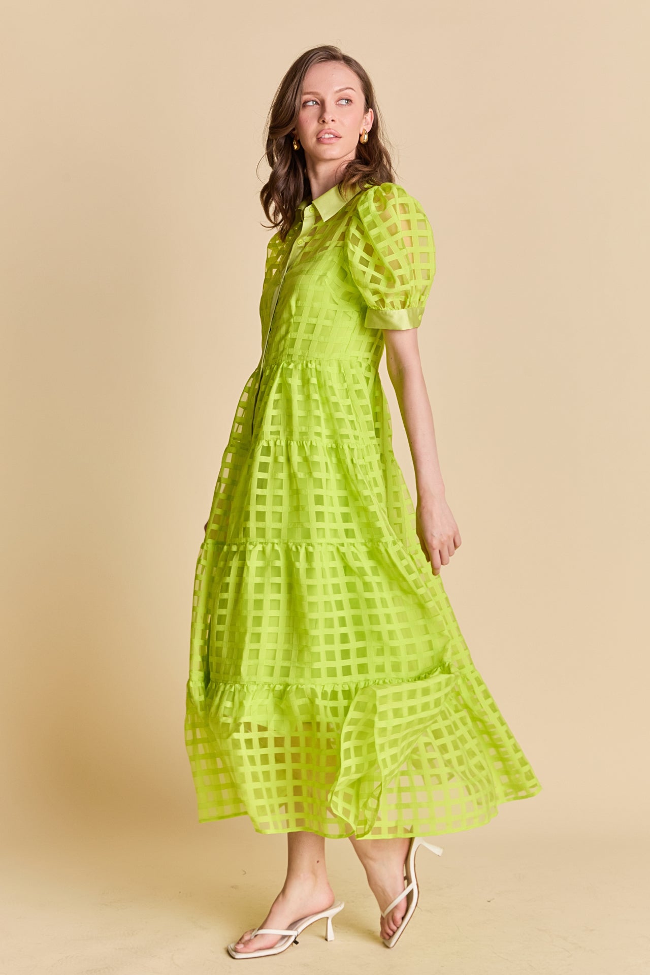 Gridded Organza Tiered Maxi Dress