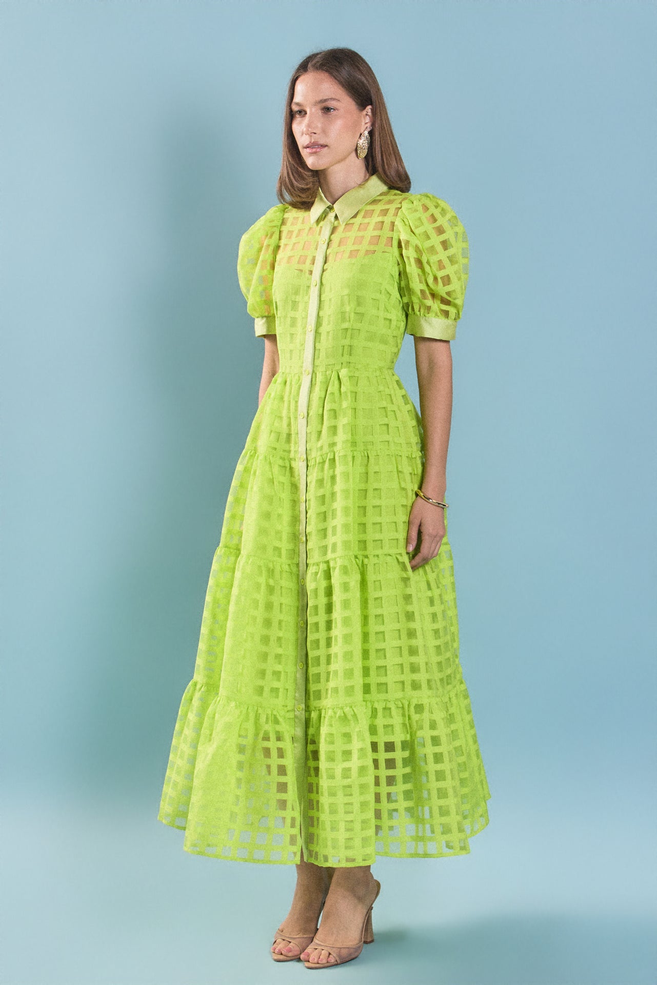 ENGLISH FACTORY - Gridded Organza Tiered Maxi Dress - DRESSES available at Objectrare