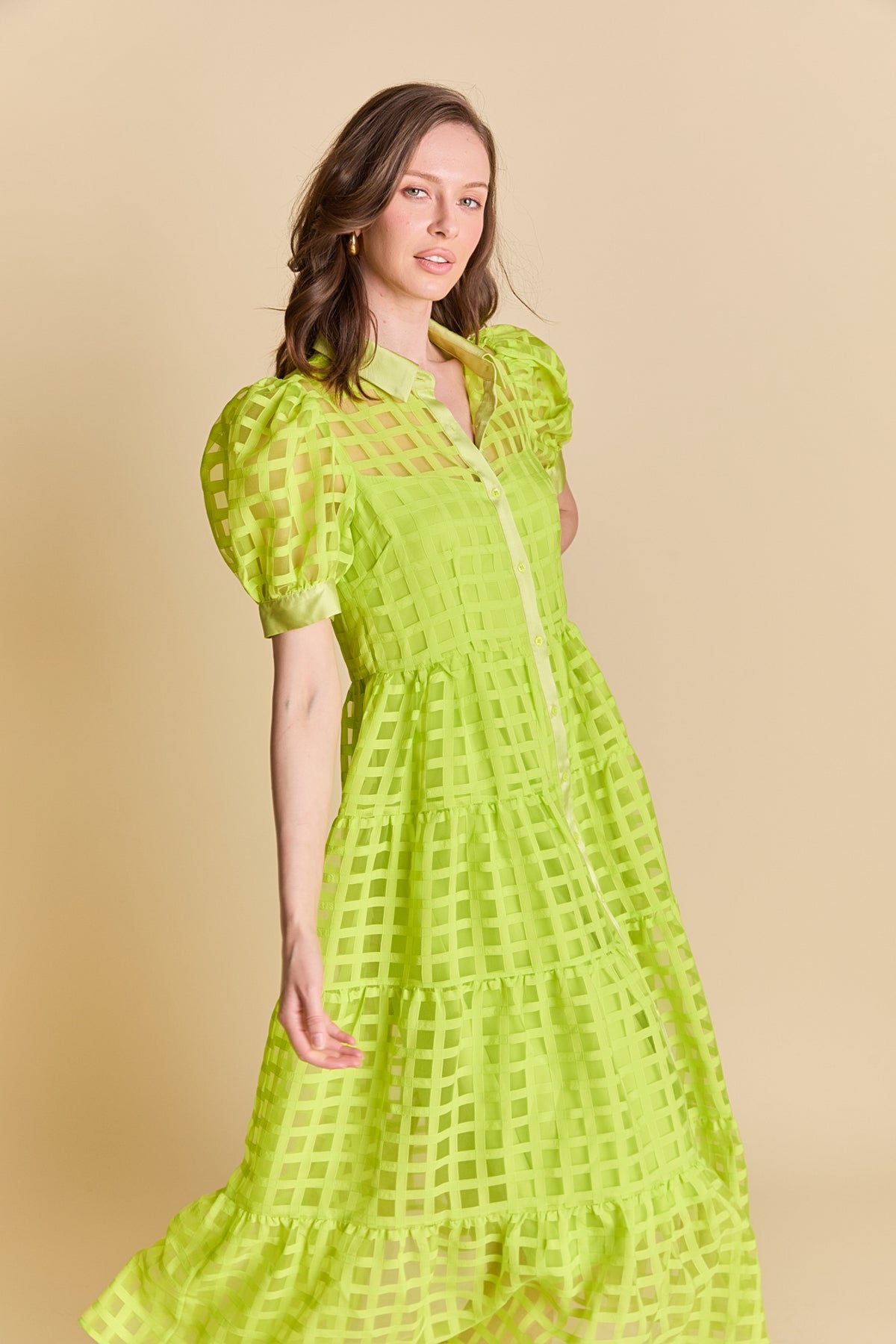 Gridded Organza Tiered Maxi Dress