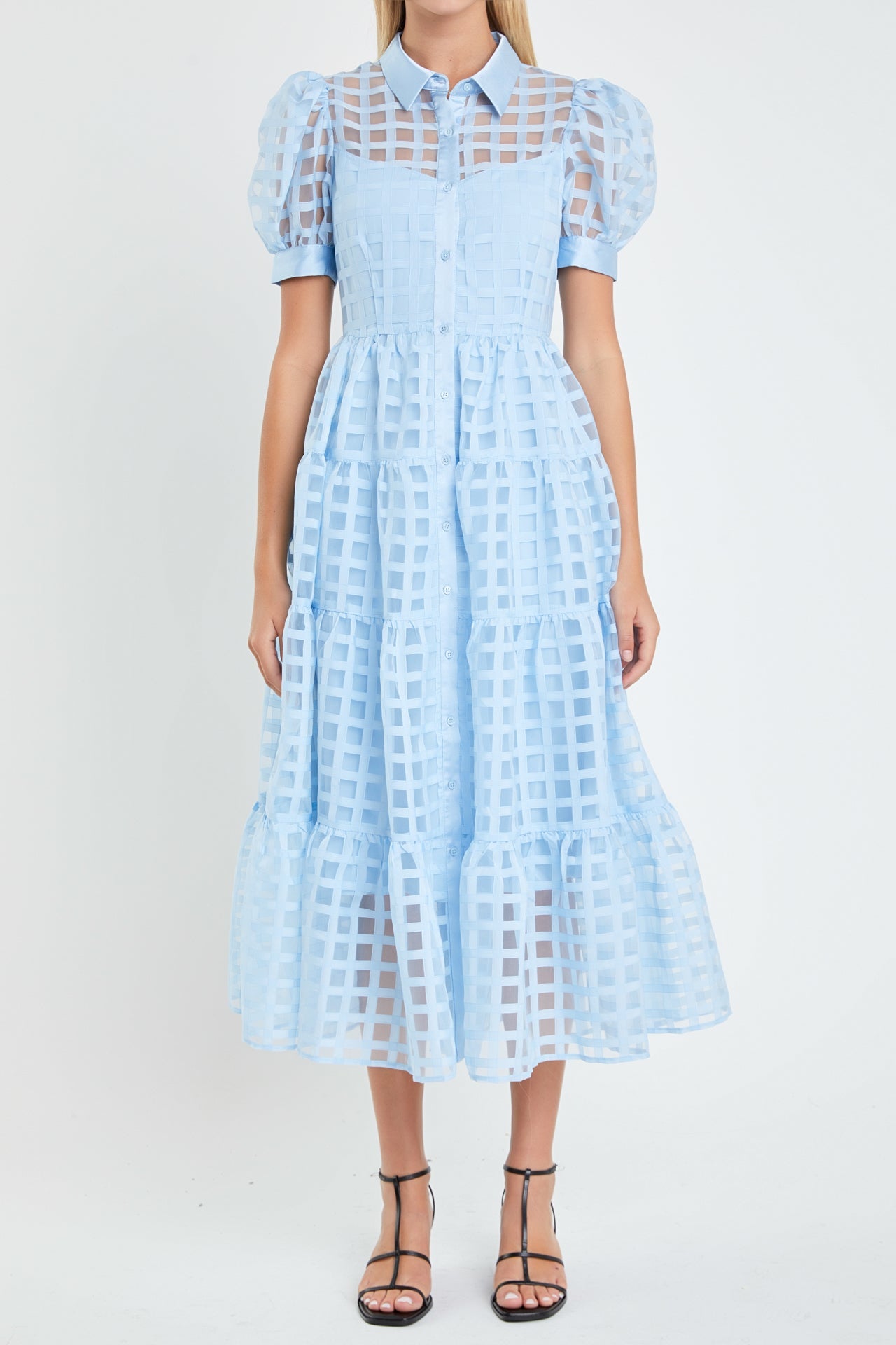 English Factory - Gridded Organza Tiered Puff Sleeve Maxi Dress