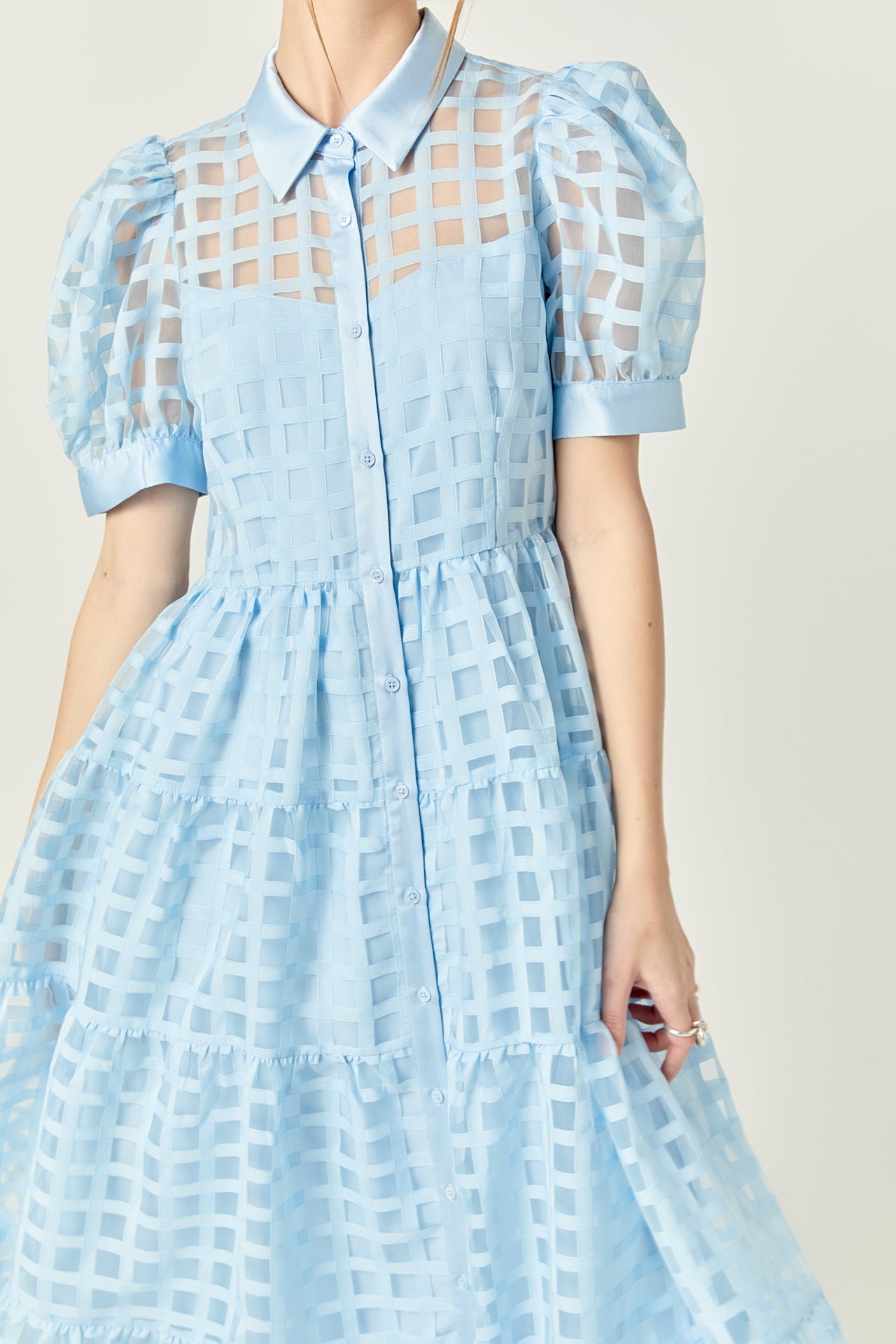 Gridded Organza Tiered Maxi Dress