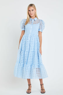 English Factory - Gridded Organza Tiered Puff Sleeve Maxi Dress