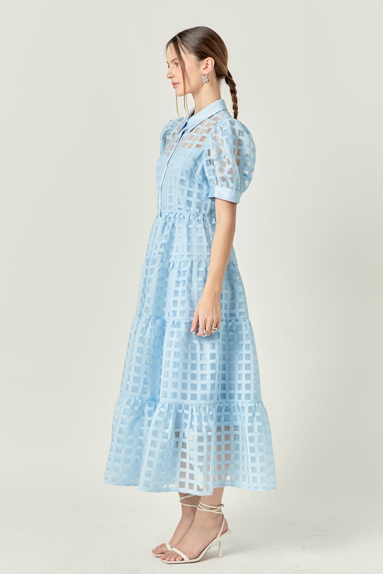 Gridded Organza Tiered Maxi Dress