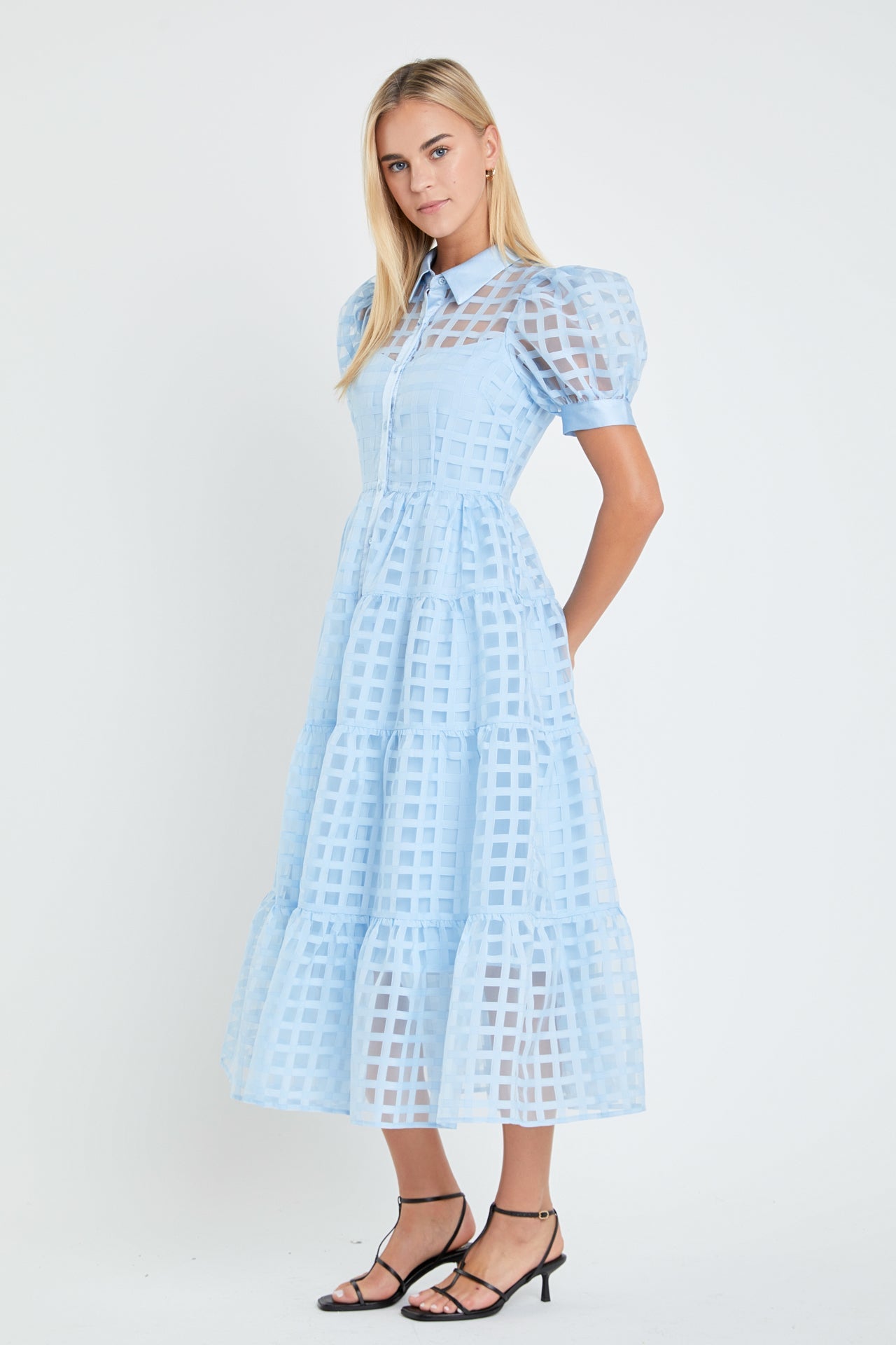 English Factory - Gridded Organza Tiered Puff Sleeve Maxi Dress