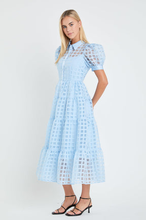 English Factory - Gridded Organza Tiered Puff Sleeve Maxi Dress