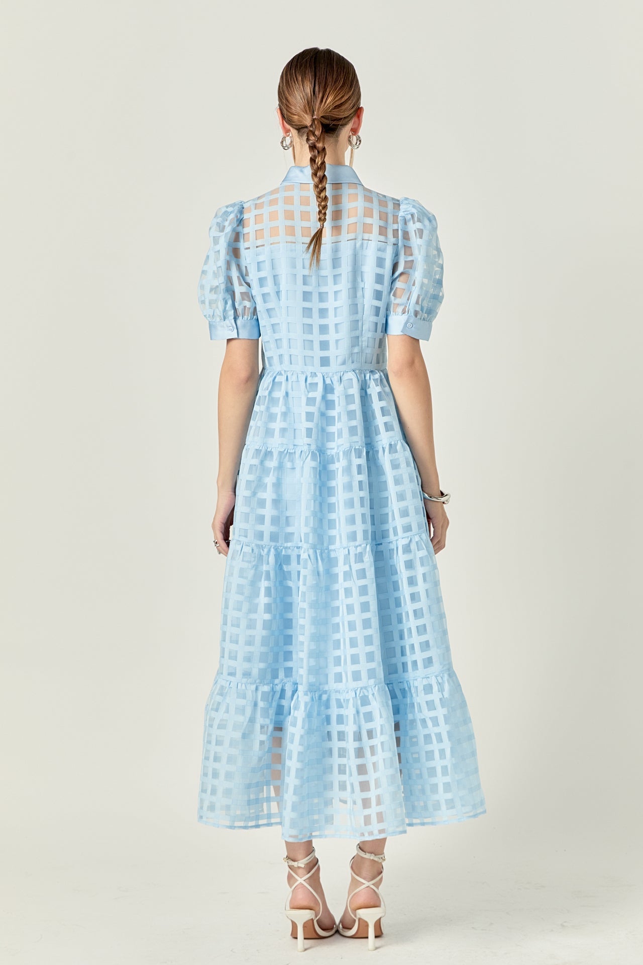 Gridded Organza Tiered Maxi Dress